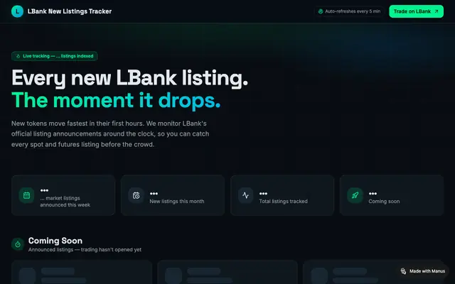 Screenshot of LBank New Listings Tracker — New Crypto Listings & Where to Buy Them