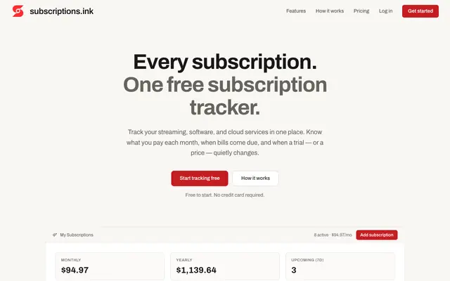 Screenshot of Subscriptions.ink — All your subscriptions in one place