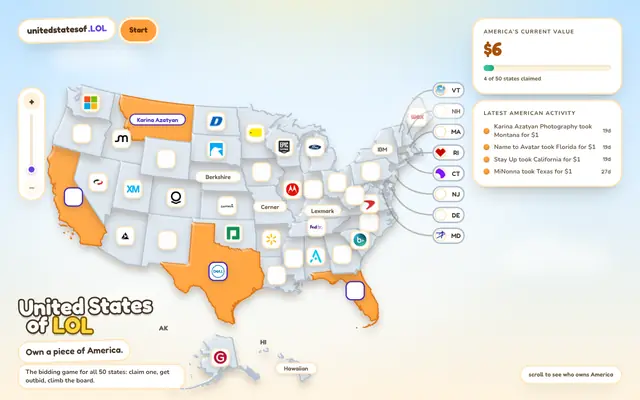 Screenshot of United States of LOL - claim a US state before someone outbids you