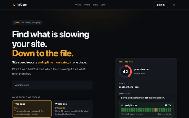 Screenshot of PafCore: find what is slowing your website. Down to the file. What to fix first.