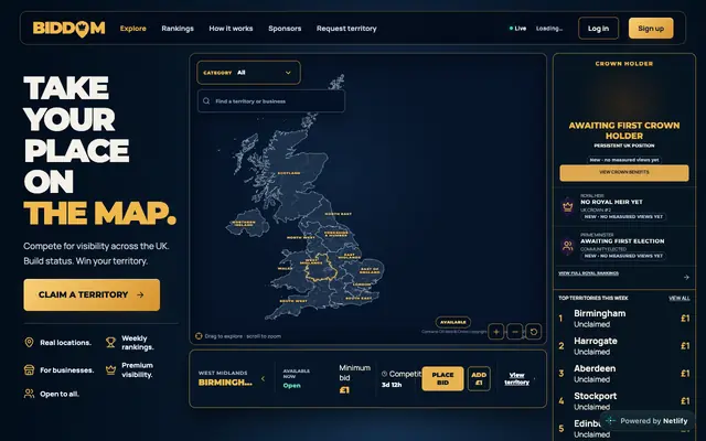 Screenshot of BIDDOM — Take your place on the map