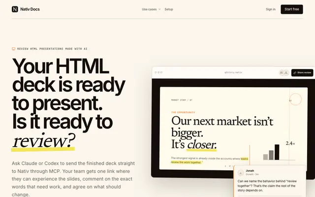 Screenshot of Share and Comment on HTML Presentations | Nativ Docs