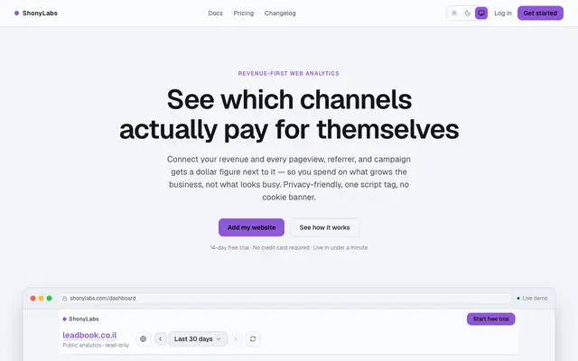 Screenshot of ShonyLabs Analytics — see which channels pay for themselves