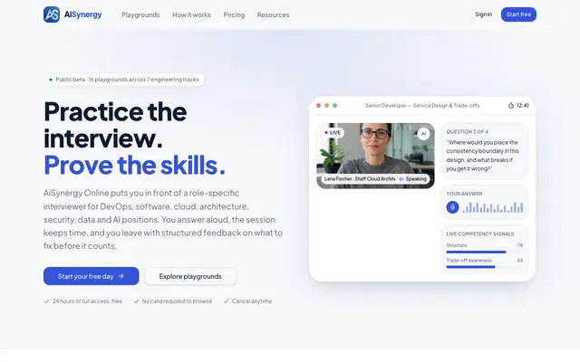 Screenshot of AiSynergy Online — Practice the interview. Prove the skills.