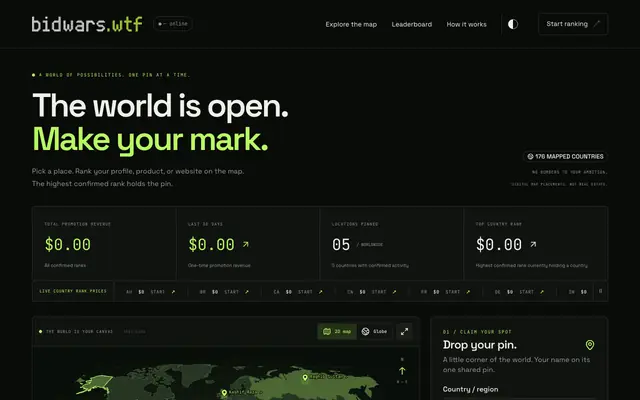 Screenshot of Where will you make your mark? — World / Bid