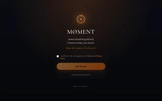 Screenshot of MOMENT — Leave something behind. Unlock it when you return.