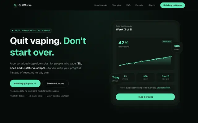 Screenshot of QuitCurve — Quit vaping. Keep your momentum.