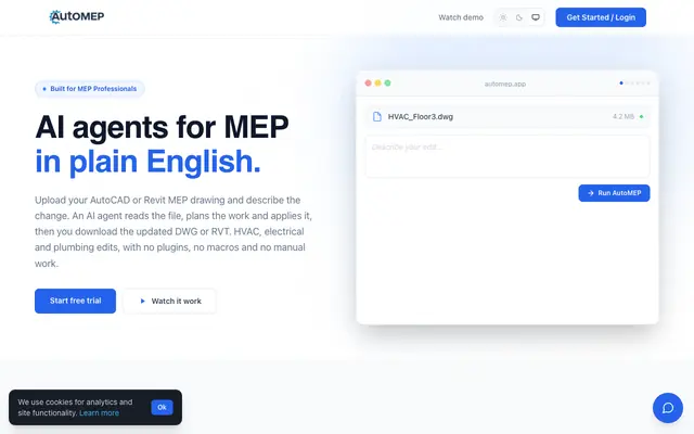Screenshot of AutoMEP, AI Agents for AutoCAD and Revit MEP Drafting