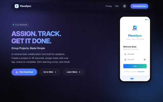 Screenshot of PieceSync · Assign. Track. Get it done.