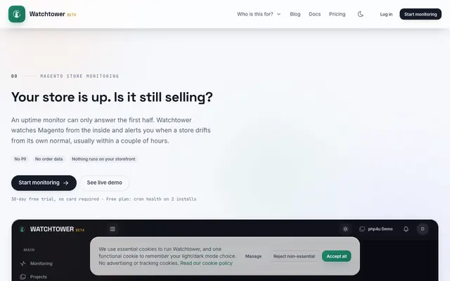 Screenshot of Watchtower | Magento store monitoring