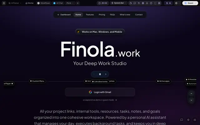Screenshot of Finola.work — Your Deep Work Studio