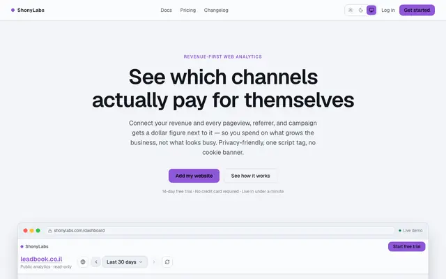 Screenshot of ShonyLabs Analytics — see which channels pay for themselves