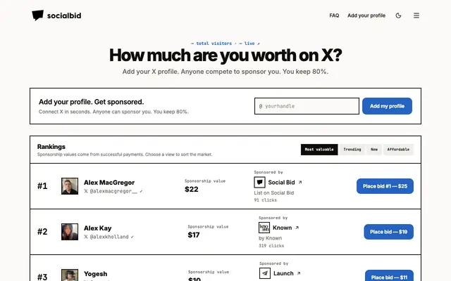 Screenshot of Social Bid — How much are you worth on X?