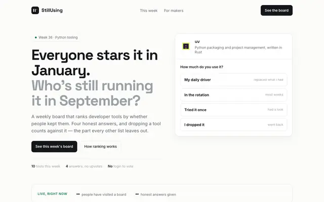 Screenshot of StillUsing — the dev tools people actually kept