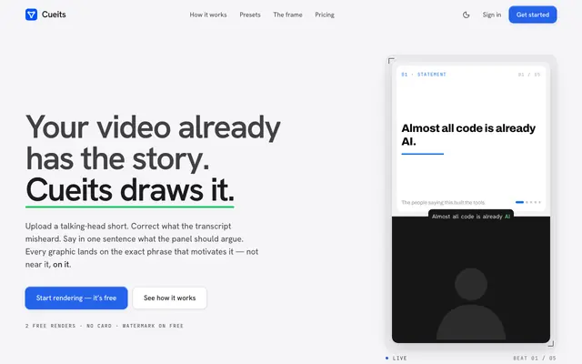 Screenshot of Cueits — sixteen looks, one mechanism