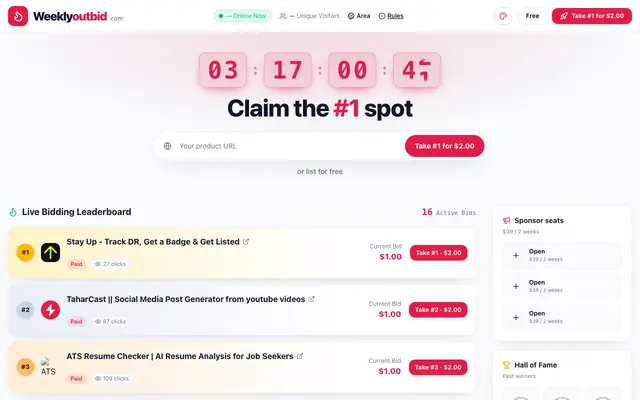 Screenshot of Weekly Outbid | Claim the #1 Spot for Your Micro-SaaS