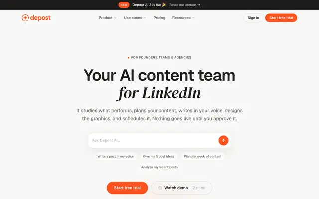 Screenshot of Depost AI — Your AI content team for LinkedIn
