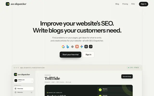 Screenshot of SEO Dispatcher — Get found on Google and in AI answers