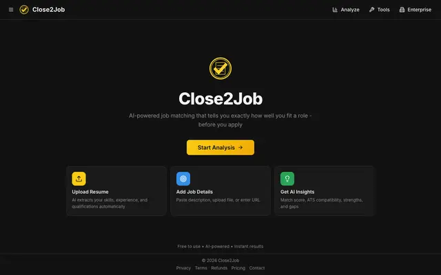 Screenshot of Close2Job | AI Resume Match Score & Job Analysis