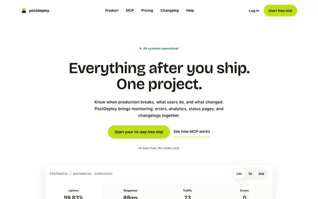 Screenshot of Everything after you ship, in one place. | PostDeploy