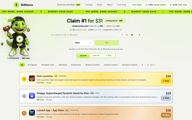 Screenshot of BidNoww — just $1 to rank your product