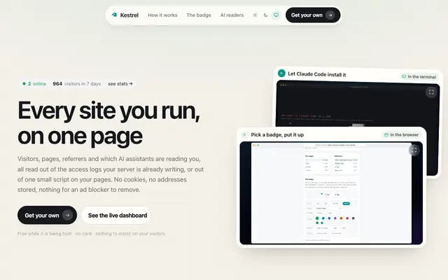 Screenshot of Kestrel: quick, simple website analytics
