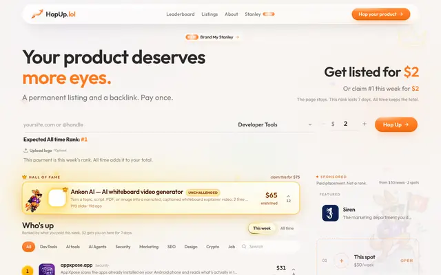 Screenshot of HopUp — Your Product Deserves a Better Spot