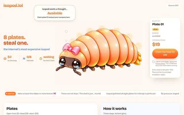 Screenshot of isopod.lol — 8 plates. Steal one.