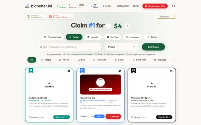 Screenshot of BidBetter — Pay to Rank. Own the Leaderboard.