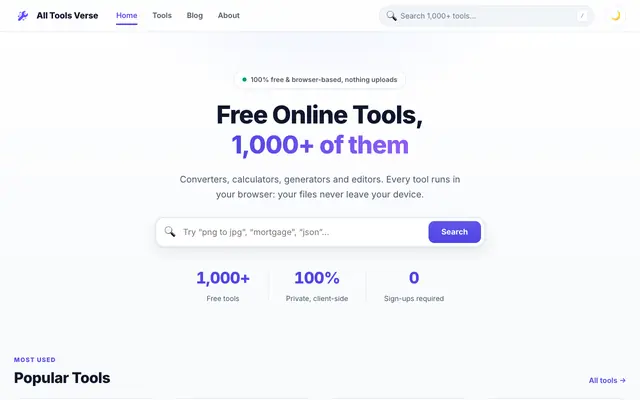 Screenshot of All Tools Verse | 1000+ Free Online Tools for Everyone