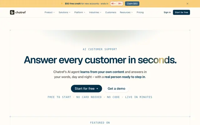 Screenshot of Chatref – AI customer support, grounded in your knowledge