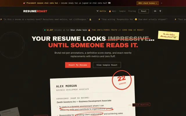 Screenshot of Resume Roast — Brutally Honest AI Resume Critique