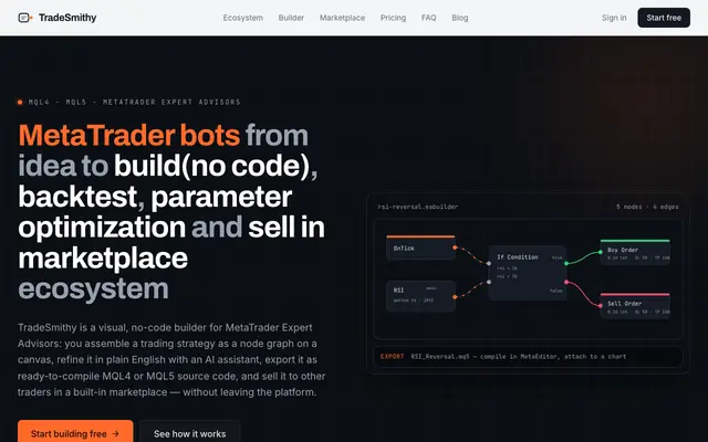 Screenshot of TradeSmithy — No-code Expert Advisor builder for MetaTrader 4 and MetaTrader 5