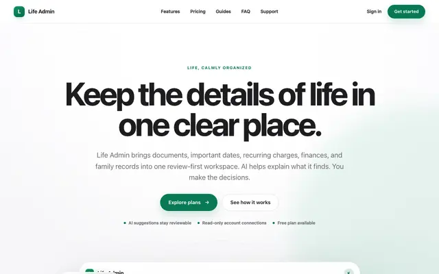 Screenshot of Life Admin — Documents, Dates and Actions