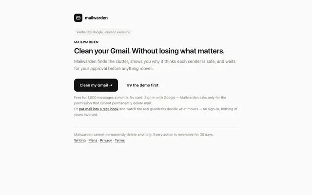 Screenshot of Mailwarden — clean your Gmail without losing anything