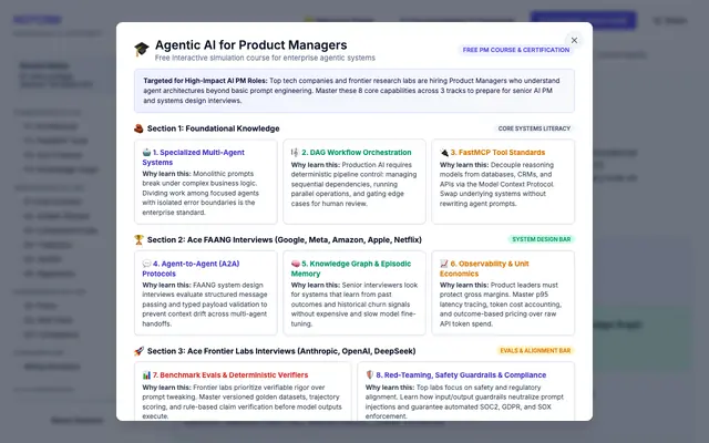 Screenshot of NOTCRM: Free Agentic AI Course for Product Managers | Simulation Lab