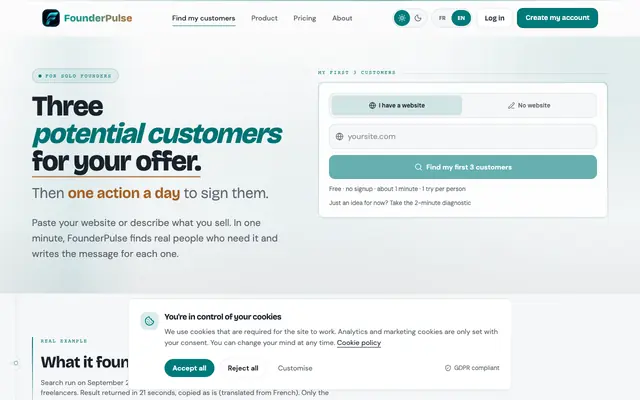 Screenshot of FounderPulse — one high-impact action a day