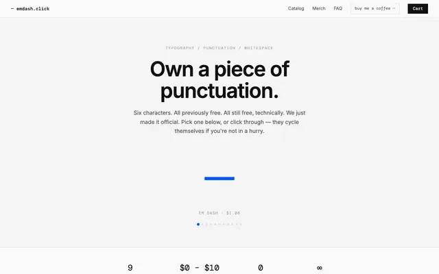 Screenshot of emdash.click — Own a Piece of Punctuation