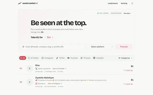 Screenshot of Social Market — Ranked advertising for social profiles