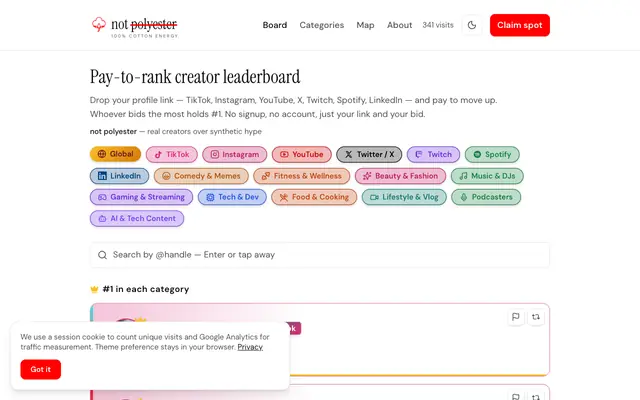 Screenshot of not polyester — pay-to-rank creator board