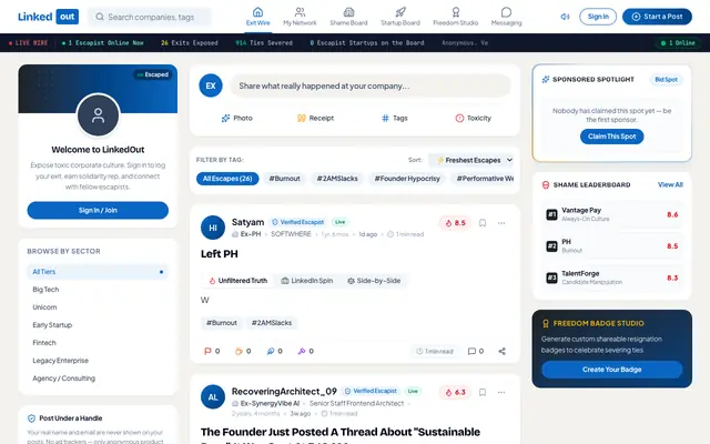 Screenshot of LinkedOut | The Anti-LinkedIn: Real Reasons People Quit