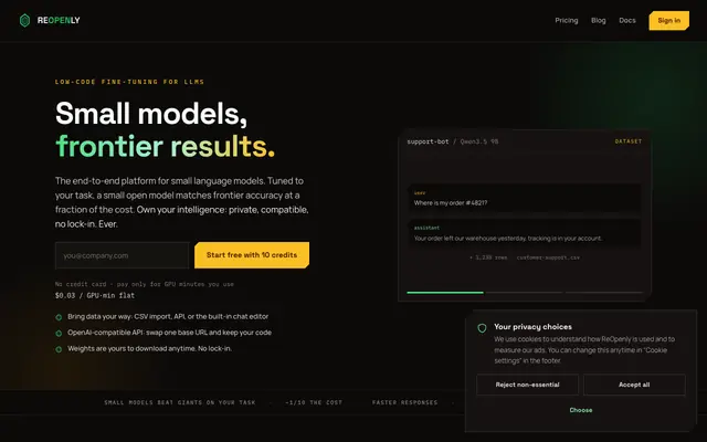 Screenshot of Small models, frontier results. · ReOpenly