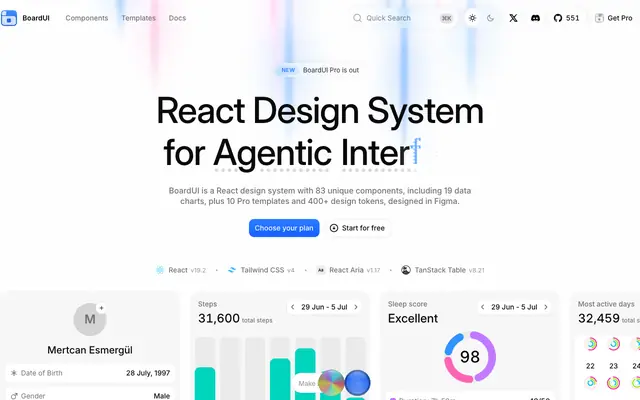 Screenshot of BoardUI - React Design System for Dashboards