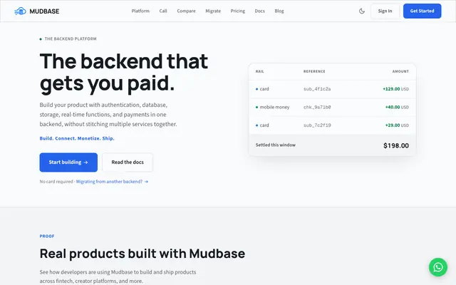 Screenshot of Mudbase - One backend for chat, payments, integrations and enterprise auth | Dat