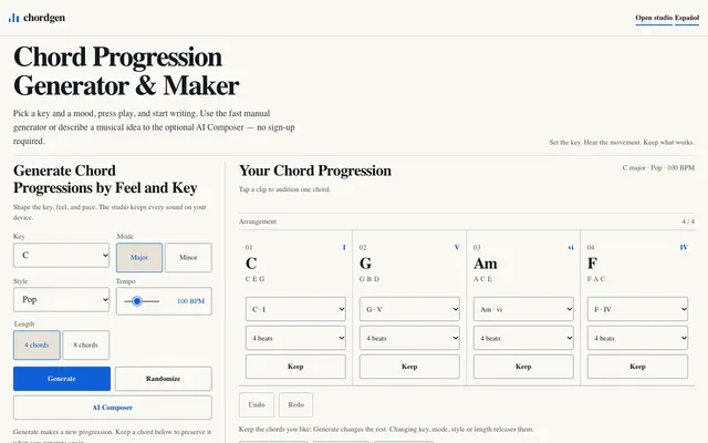 Screenshot of Chord Progression Generator & Maker - Create Progressions Free | chordgen