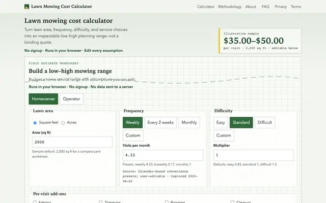 Screenshot of lawnmowingcalculator.com