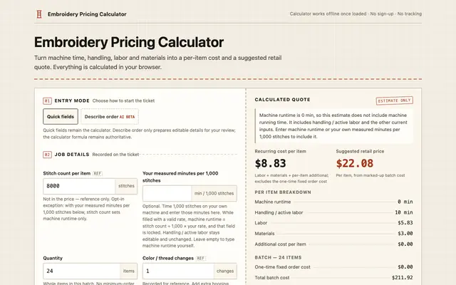 Screenshot of Embroidery Pricing Calculator | Cost & Price