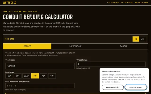 Screenshot of Conduit Bending Calculator – Free EMT & Offset Calculator | WattsCalc