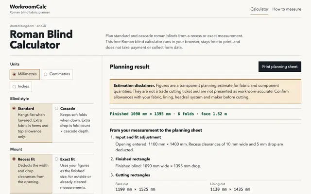 Screenshot of Roman Blind Calculator | WorkroomCalc