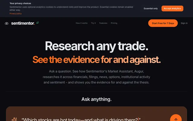 Screenshot of Sentimentor: AI Research Terminal & Charting Suite